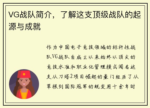 VG战队简介，了解这支顶级战队的起源与成就