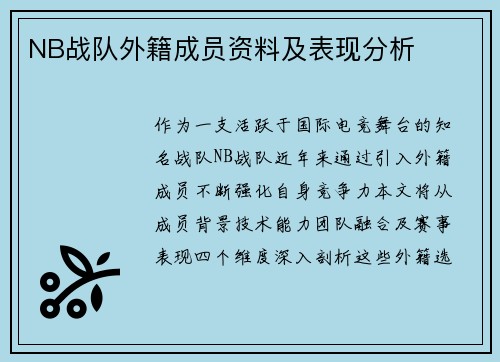 NB战队外籍成员资料及表现分析